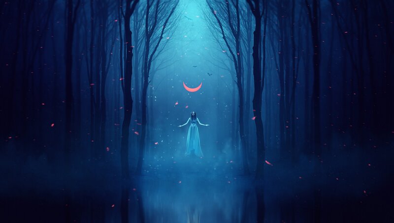 Woman in Blue Dress — Mystical, Night, Digital Art, Forest