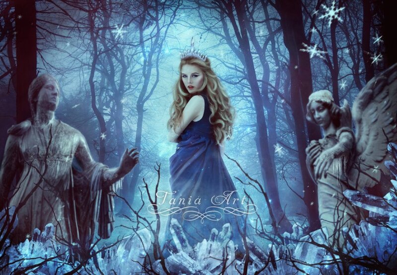 Woman in Blue Dress — Mystical, Night, Digital Art, Statues