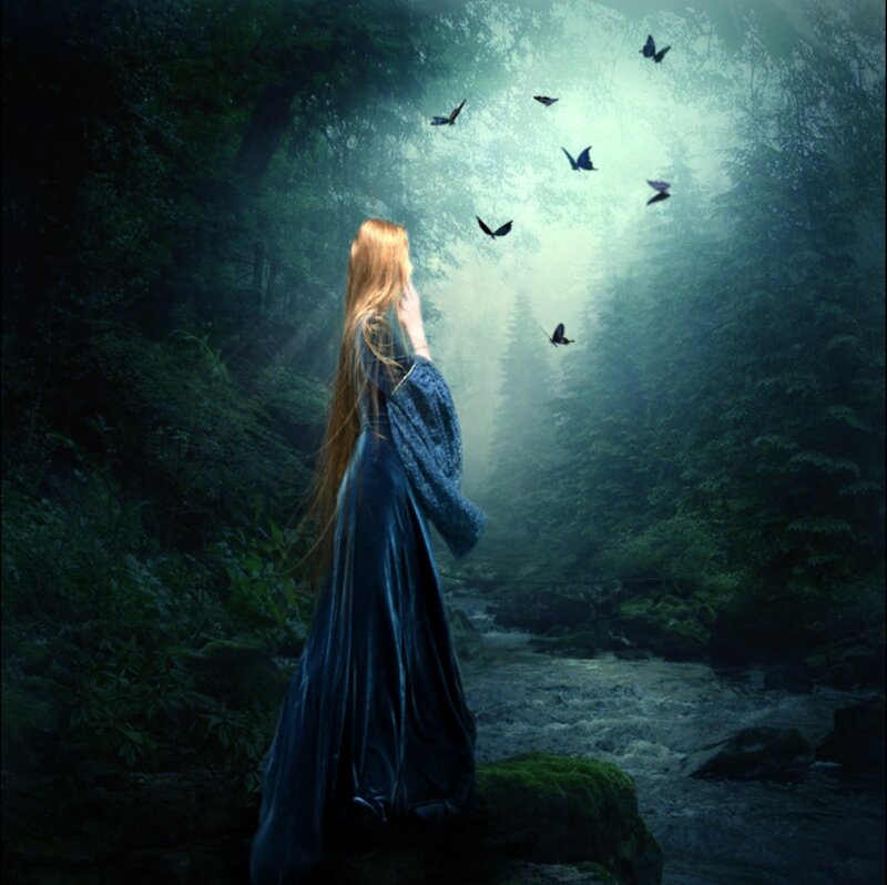 Woman in Blue Dress — Mystical, Night, Digital Art