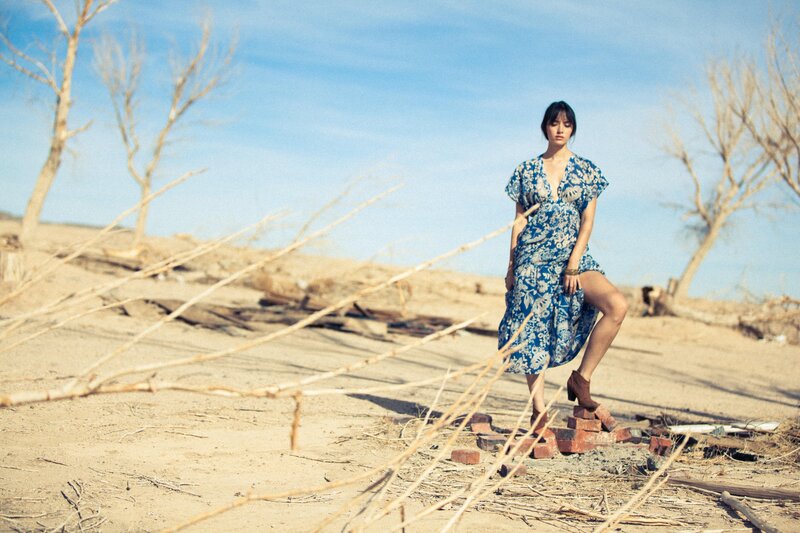 Woman in blue dress on desert path