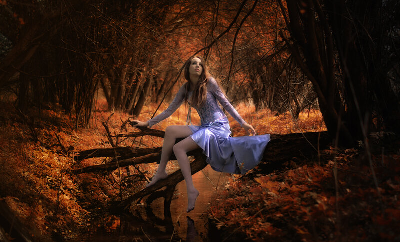 Woman in Blue Dress — Orange, Dramatic