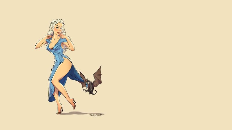 Woman in Blue Dress — Playful, Illustration, Dragon