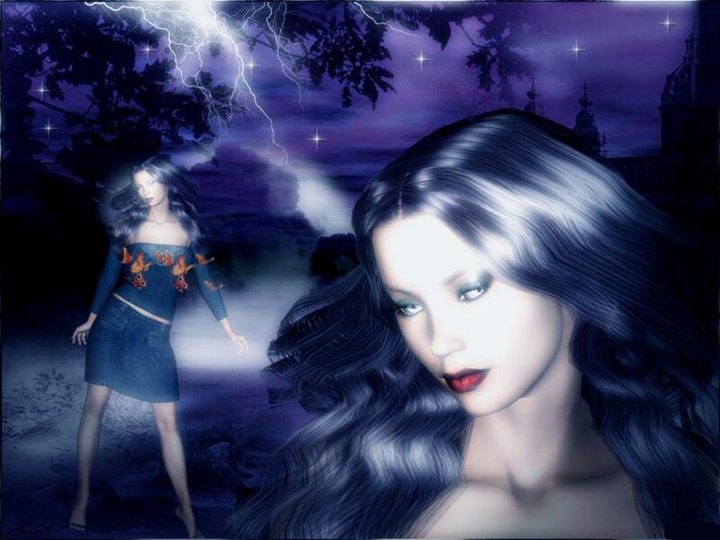 Woman in Blue Dress — Purple, Dramatic, Night, Digital Art, Lightning
