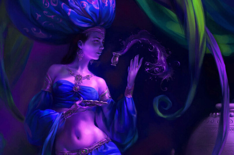 Woman in Blue Dress — Purple, Dramatic, Night, Digital Art