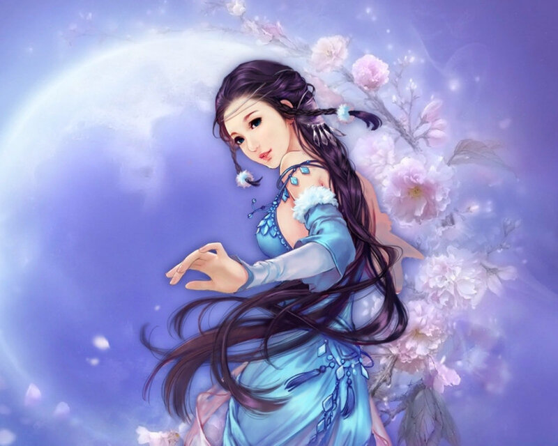 Woman in Blue Dress — Purple, Serene, Night, Digital Art, Flowers