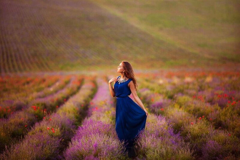 Woman in Blue Dress — Purple, Serene, Sunset, Photograph
