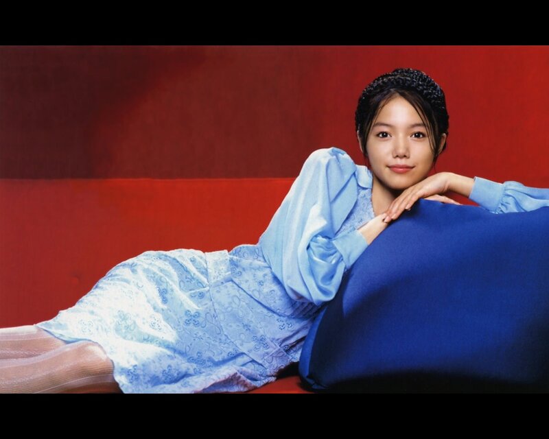 Woman in Blue Dress — Red, Calm, Photograph, Red Background