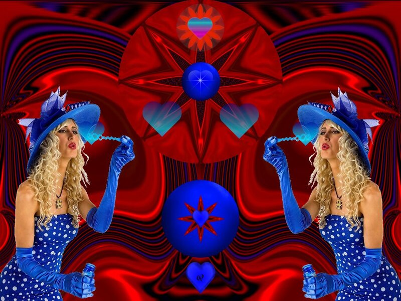 Woman in Blue Dress — Red, Dramatic, Digital Art