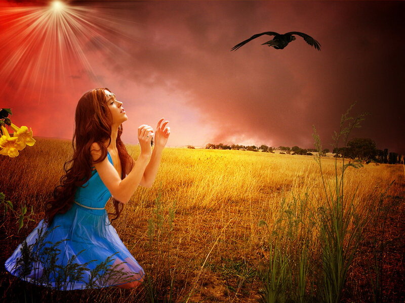 Woman in Blue Dress — Red, Dramatic, Sunset