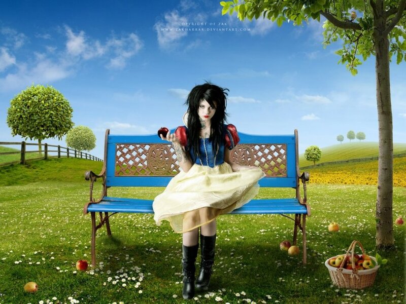 Woman in Blue Dress — Serene, Afternoon, Digital Art, Bench