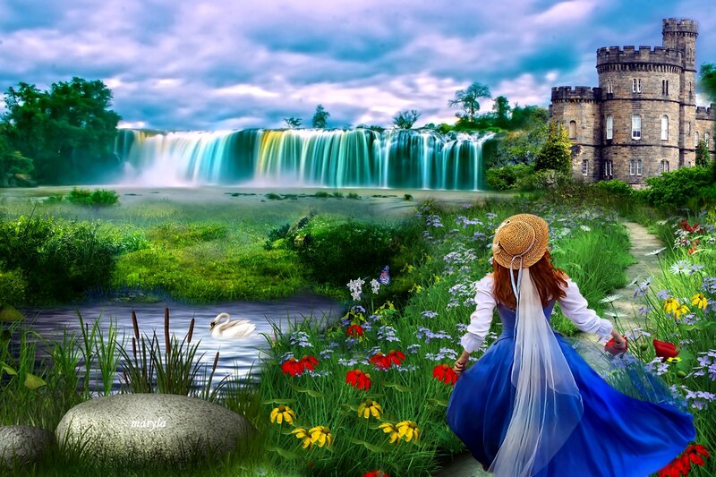 Woman in Blue Dress — Serene, Afternoon, Digital Art, Castle