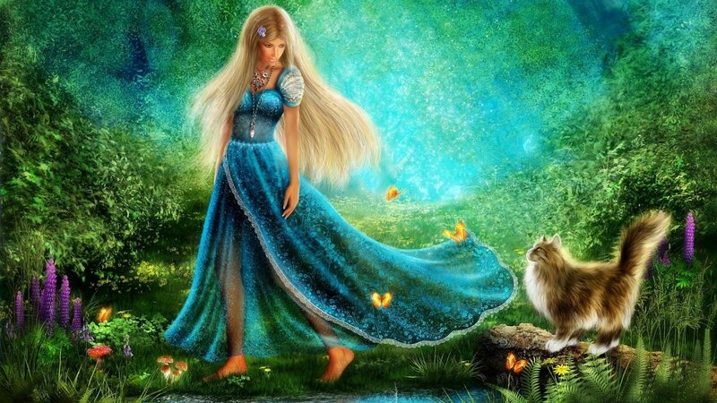 Woman in Blue Dress — Serene, Afternoon, Digital Art, Cat, Butterflies