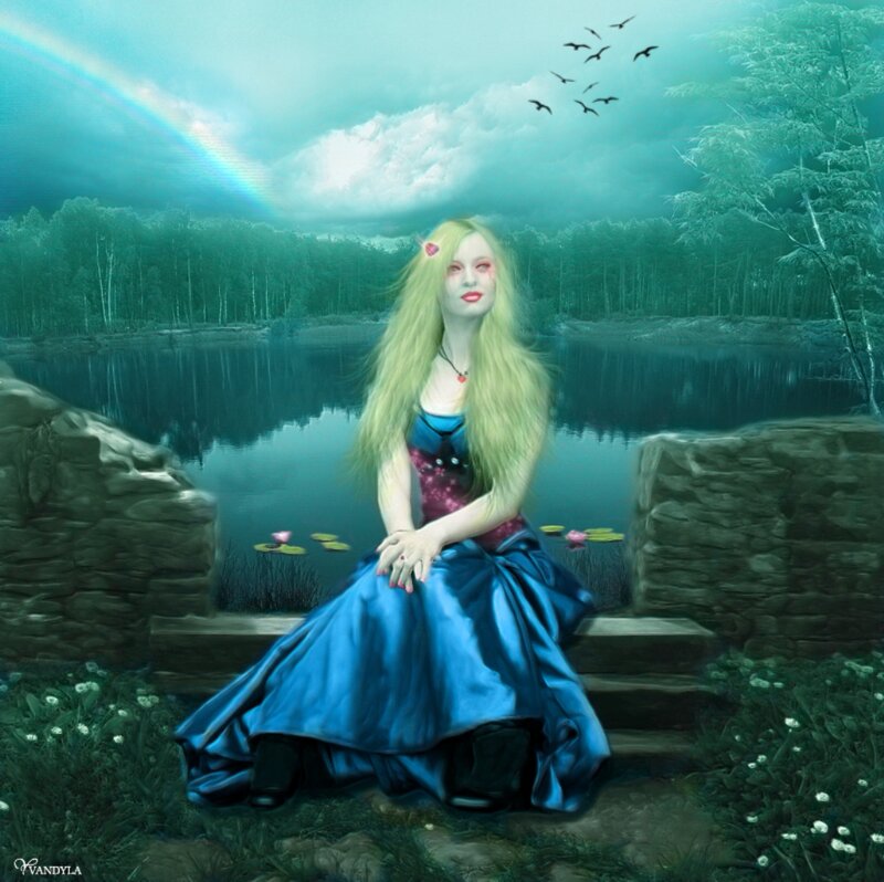 Woman in Blue Dress — Serene, Afternoon, Digital Art, Lake