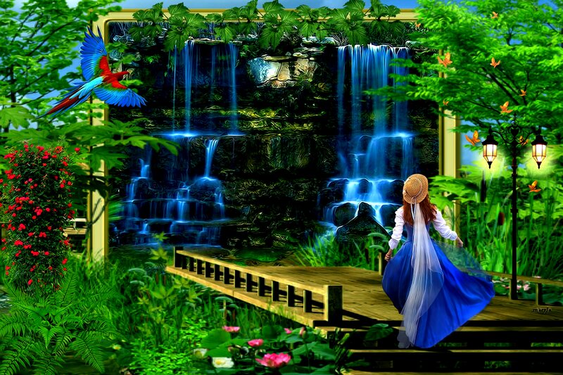 Woman in Blue Dress — Serene, Afternoon, Digital Art, Parrot