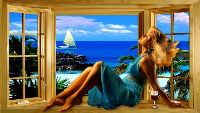 Woman in Blue Dress — Serene, Afternoon, Digital Art, Sailboat