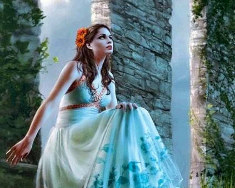 Woman in Blue Dress — Serene, Afternoon, Digital Art, Stone Wall