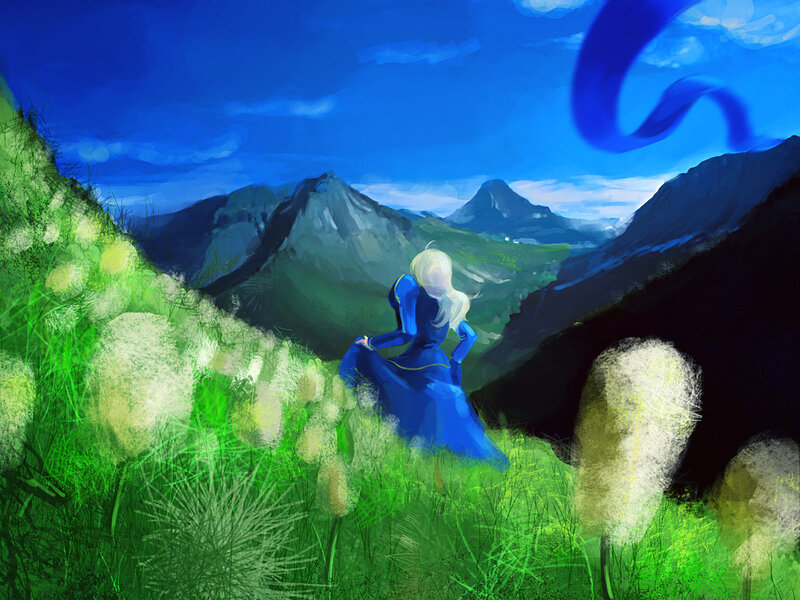 Woman in Blue Dress — Serene, Afternoon, Digital Art
