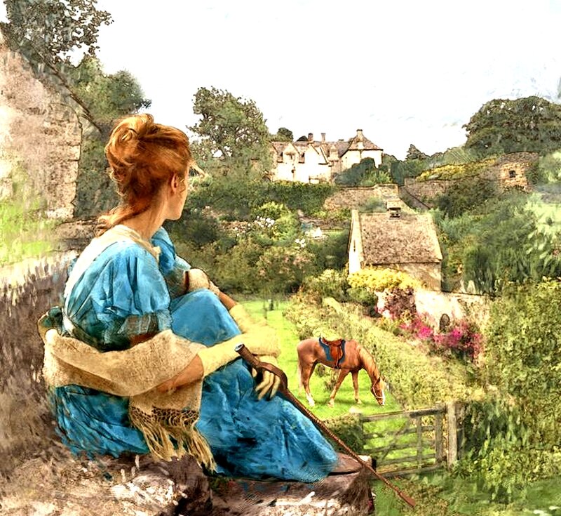 Woman in Blue Dress — Serene, Afternoon, Painting, Horse