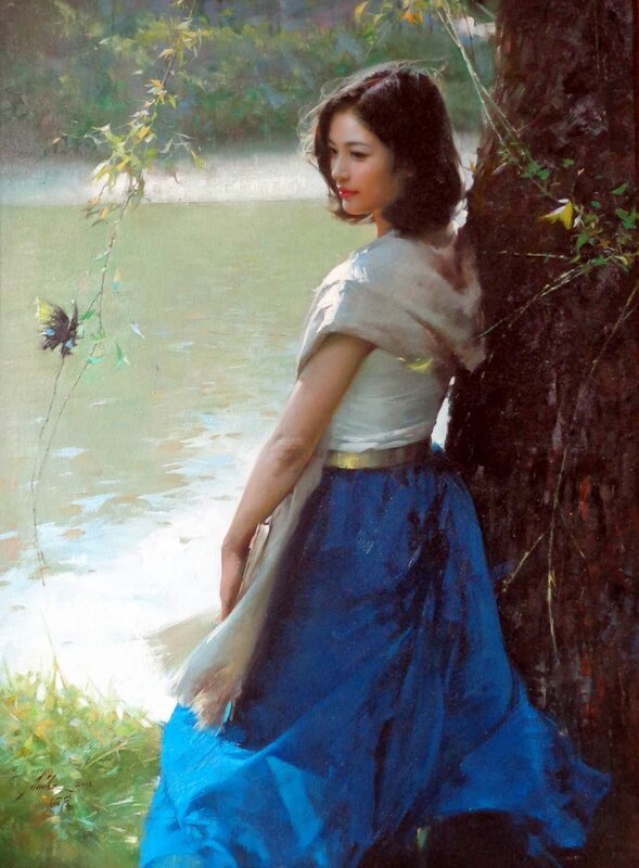 Woman in Blue Dress — Serene, Afternoon, Painting, Tree, River