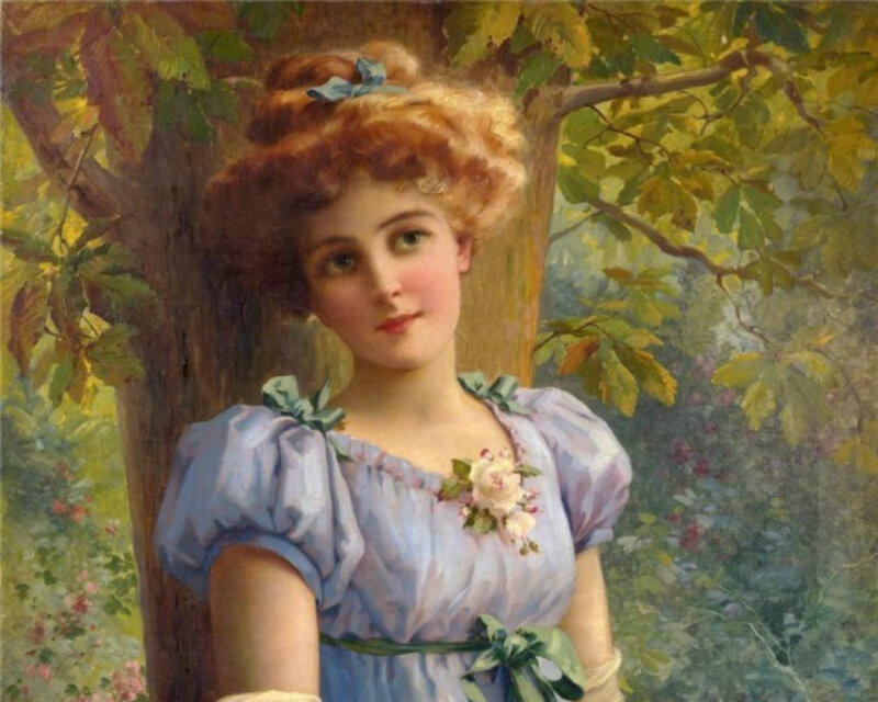 Woman in Blue Dress — Serene, Afternoon, Painting, Tree