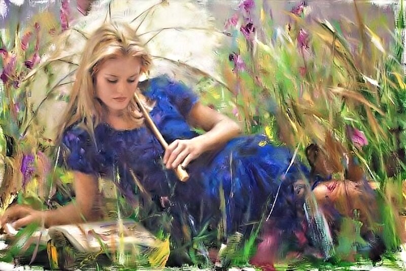 Woman in Blue Dress — Serene, Afternoon, Painting, Umbrella, Flowers, Book