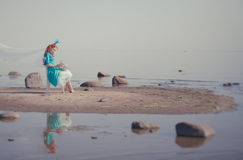 Woman in Blue Dress — Serene, Afternoon, Photograph, Chair