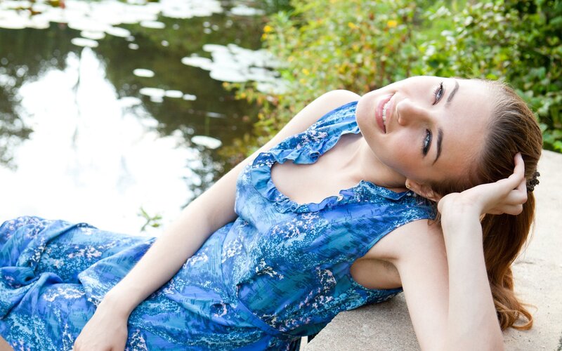 Woman in Blue Dress — Serene, Afternoon, Photograph, Pond, Lily Pads