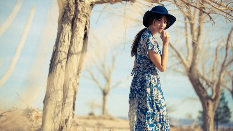 Woman in Blue Dress — Serene, Afternoon, Photograph, Tree, Hat