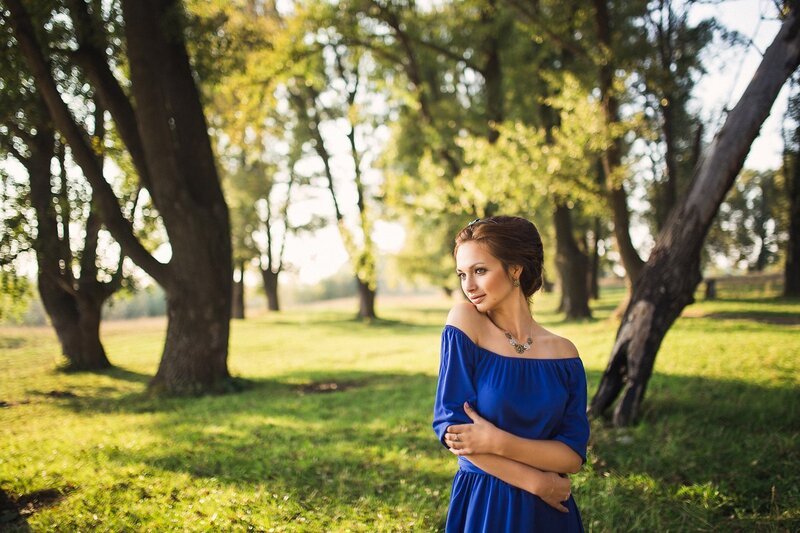 Woman in Blue Dress — Serene, Afternoon, Photograph, Trees, Grass