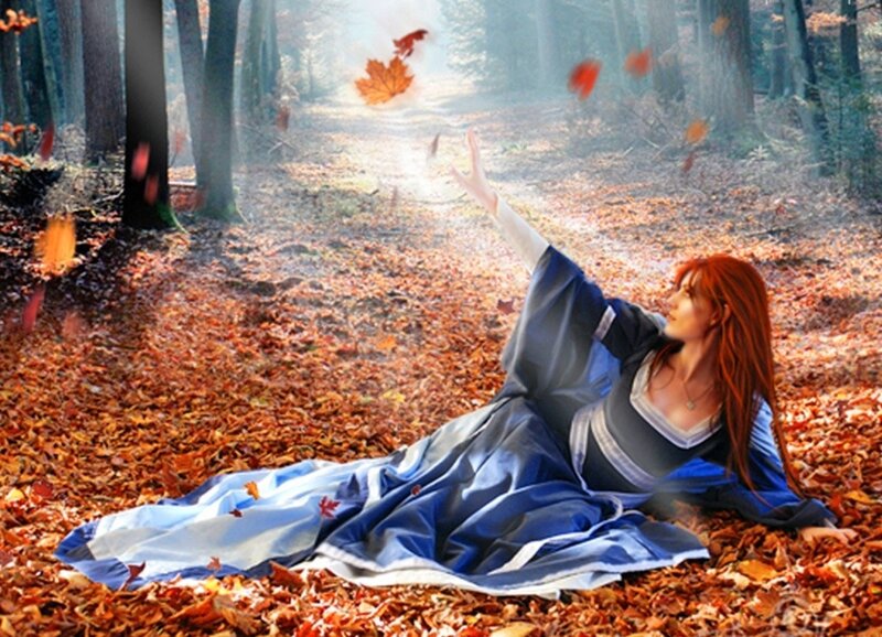 Woman in Blue Dress — Serene, Autumn, Digital Art