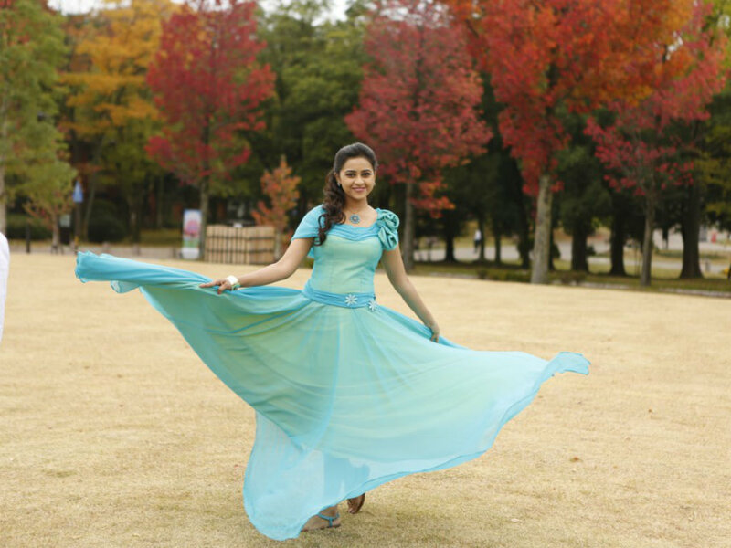 Woman in Blue Dress — Serene, Autumn, Photograph, Trees, Grass