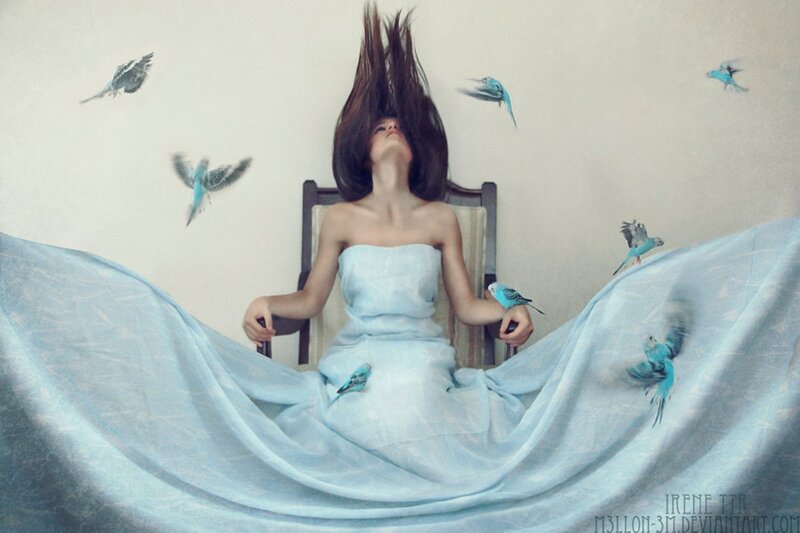 Woman in Blue Dress — Serene, Digital Art, Birds