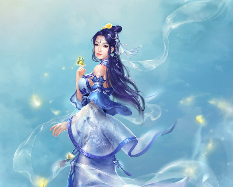 Woman in Blue Dress — Serene, Digital Art, Butterfly
