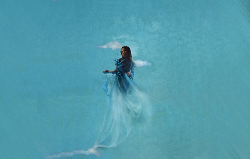 Woman in Blue Dress — Serene, Digital Art, Clouds