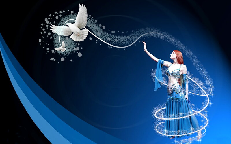 Woman in Blue Dress — Serene, Digital Art, Doves