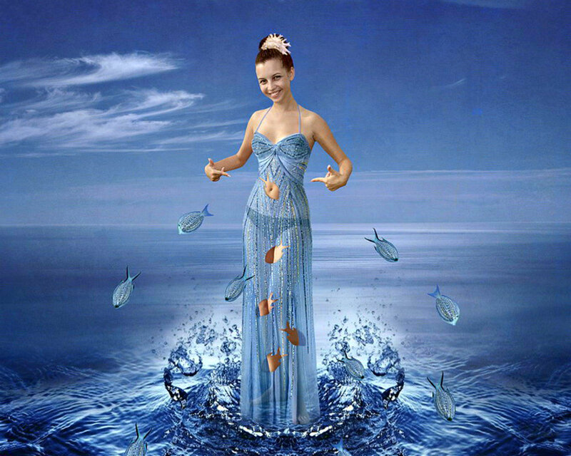 Woman in Blue Dress — Serene, Digital Art, Fish