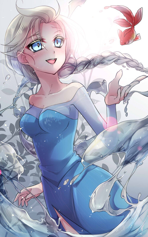 Woman in Blue Dress — Serene, Digital Art, Fish, Water