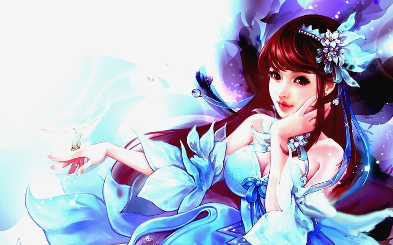 Woman in Blue Dress — Serene, Digital Art, Flower