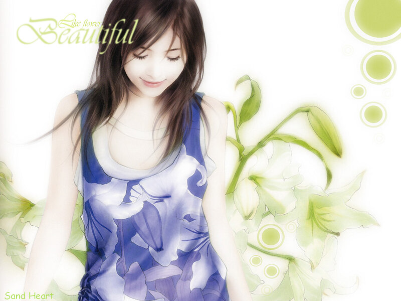 Woman in Blue Dress — Serene, Digital Art, Flowers, Text