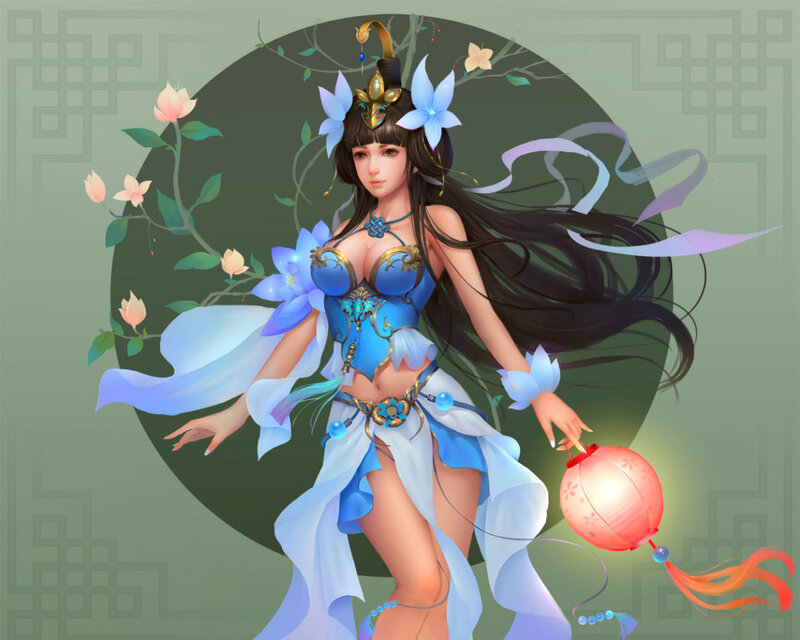 Woman in Blue Dress — Serene, Digital Art, Lantern