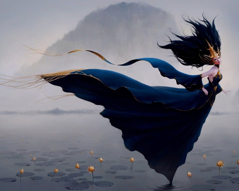Woman in Blue Dress — Serene, Digital Art, Mountain