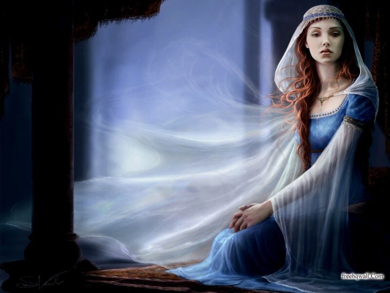 Woman in Blue Dress — Serene, Digital Art, Veil, Column