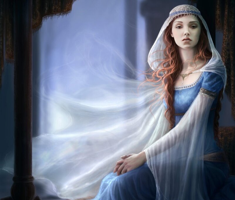 Woman in Blue Dress — Serene, Digital Art, Veil