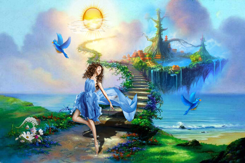 Woman in Blue Dress — Serene, Morning, Digital Art