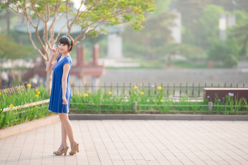 Woman in Blue Dress — Serene, Morning, Photograph, Tree
