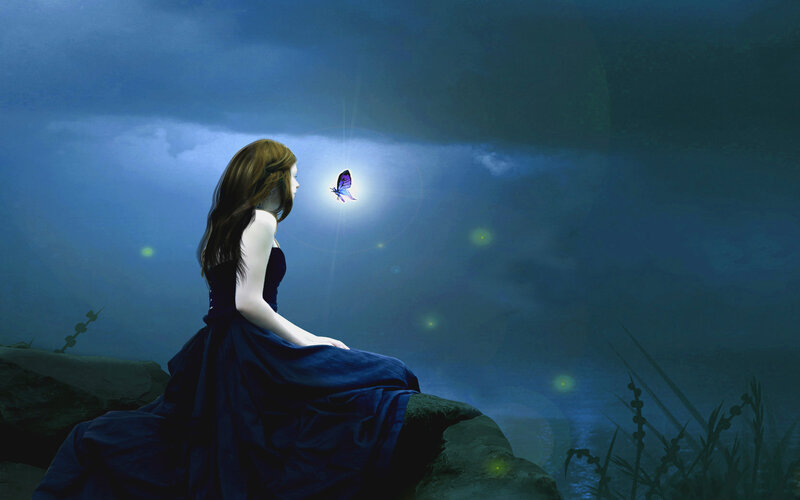 Woman in Blue Dress — Serene, Night, Digital Art, Butterfly