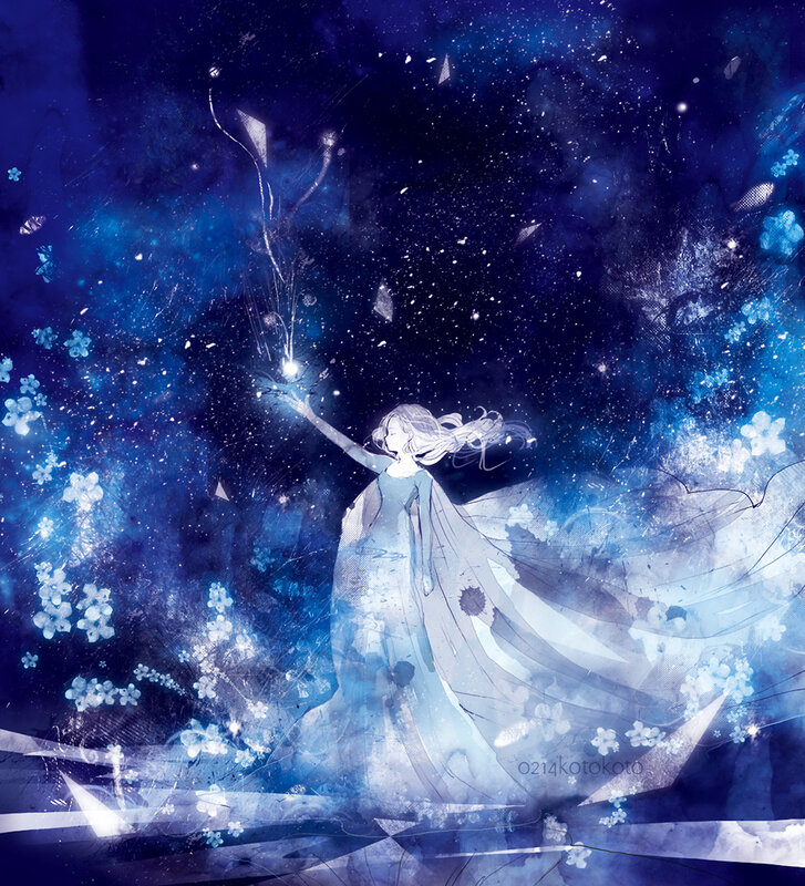 Woman in Blue Dress — Serene, Night, Digital Art, Flowers, Stars