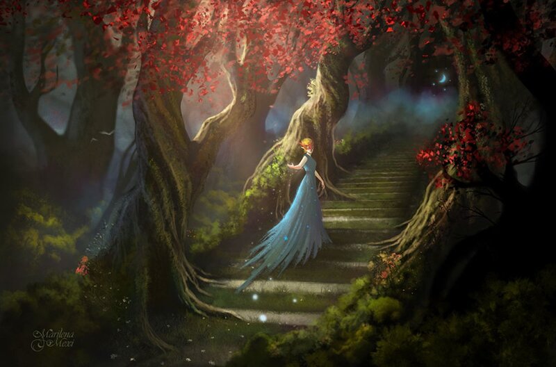 Woman in Blue Dress — Serene, Night, Digital Art, Forest, Stairs