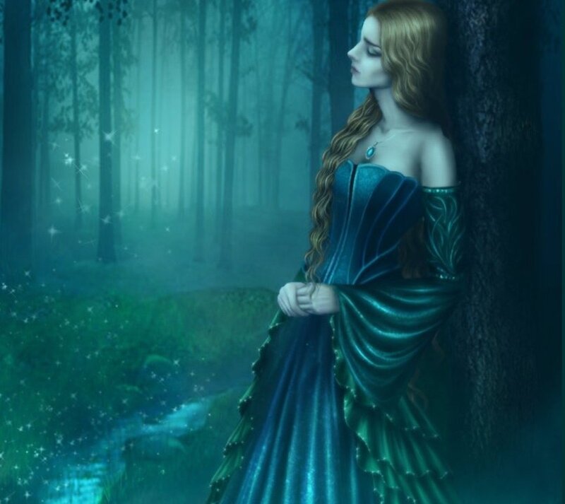 Woman in Blue Dress — Serene, Night, Digital Art, Forest