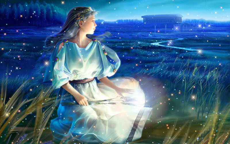 Woman in Blue Dress — Serene, Night, Digital Art, Grass